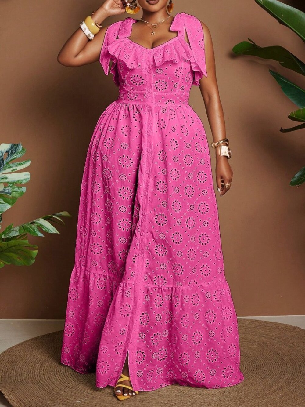 Hot Pink Boho Women's Plus Size Embroidered Patchwork Ruffle Skirt Dress